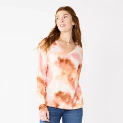 Women's Sonoma Goods For Life® Everyday V-Neck Long Sleeve Tee -Outlet Clothiza Store 5625801 Pink Neutral Tie Dye