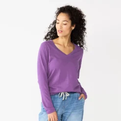 Women's Sonoma Goods For Life® Everyday V-Neck Long Sleeve Tee -Outlet Clothiza Store 5625801 Purple