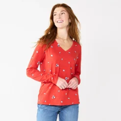 Women's Sonoma Goods For Life® Everyday V-Neck Long Sleeve Tee -Outlet Clothiza Store 5625801 Red Scatter Floral