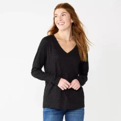 Women's Sonoma Goods For Life® Everyday V-Neck Long Sleeve Tee -Outlet Clothiza Store 5625801 Shine Black