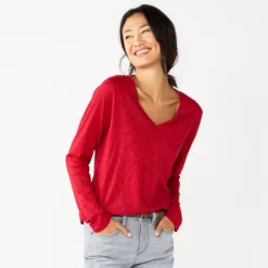 Women's Sonoma Goods For Life® Everyday V-Neck Long Sleeve Tee -Outlet Clothiza Store 5625801 Shine Red
