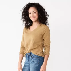 Women's Sonoma Goods For Life® Everyday V-Neck Long Sleeve Tee -Outlet Clothiza Store 5625801 Tan