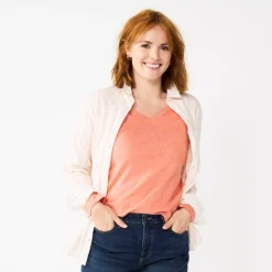 Women's Sonoma Goods For Life® Everyday V-Neck Long Sleeve Tee -Outlet Clothiza Store 5625801 Texture Coral