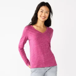 Women's Sonoma Goods For Life® Everyday V-Neck Long Sleeve Tee -Outlet Clothiza Store 5625801 Texture Dark Pink