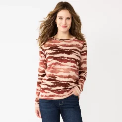 Women's Sonoma Goods For Life® Everyday Crewneck Long Sleeve Tee -Outlet Clothiza Store 5625802 Tan Abstract Animal