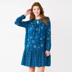 Women's Sonoma Goods For Life® Printed Long Sleeve Dress -Outlet Clothiza Store 5657674 Blue Multi Floral