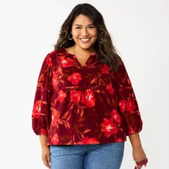 Plus Size Sonoma Goods For Life® Notchneck Long Sleeve Top -Outlet Clothiza Store 5661416 Large Red Floral