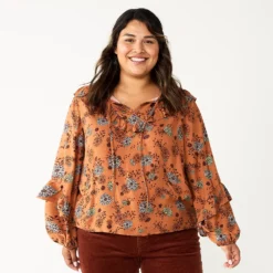 Plus Size Sonoma Goods For Life® Ruffle Peasant Top -Outlet Clothiza Store 5662063 Brown Blue Floral