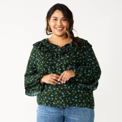 Plus Size Sonoma Goods For Life® Ruffle Peasant Top -Outlet Clothiza Store 5662063 Dark Green Mini Floral