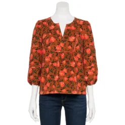 Petite Sonoma Goods For Life® Notchneck Sleeve Piecing Top -Outlet Clothiza Store 5664273 Brown Coral Floral