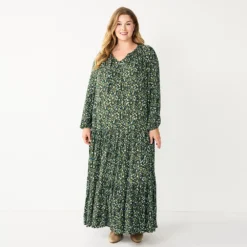 Plus Size Sonoma Goods For Life® Tiered Long Sleeve Maxi Dress -Outlet Clothiza Store 5664433 Olive Multi Floral