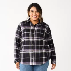 Plus Size Sonoma Goods For Life® Everyday Flannel Shirt -Outlet Clothiza Store 5664645 Black Purple Plaid