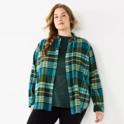Plus Size Sonoma Goods For Life® Everyday Flannel Shirt -Outlet Clothiza Store 5664645 Dark Green Blue Plaid