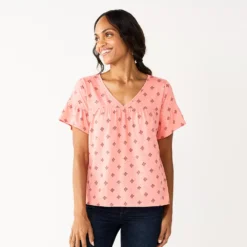 Women's Sonoma Goods For Life® Ruffled Babydoll Top -Outlet Clothiza Store 5665750 Coral Mauve Geo