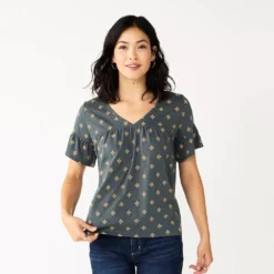 Women's Sonoma Goods For Life® Ruffled Babydoll Top -Outlet Clothiza Store 5665750 Gray Gold Geo