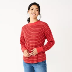 Women's Sonoma Goods For Life® Mockneck Waffle Top -Outlet Clothiza Store 5672315 Red Orange Stripe