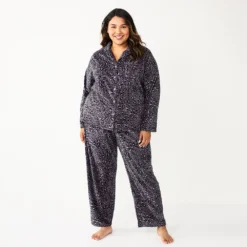 Plus Size Sonoma Goods For Life® Velour Pajama Shirt & Pajama Pants Sleep Set -Outlet Clothiza Store 5675146 Black Leopard