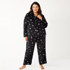 Plus Size Sonoma Goods For Life® Velour Pajama Shirt & Pajama Pants Sleep Set -Outlet Clothiza Store 5675146 Black Starry