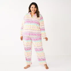 Plus Size Sonoma Goods For Life® Velour Pajama Shirt & Pajama Pants Sleep Set -Outlet Clothiza Store 5675146 Ivory Fun Fisle