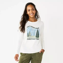 Women's Sonoma Goods For Life® Long Sleeve Christmas Graphic Tee -Outlet Clothiza Store 5676288 Cut Your Trees