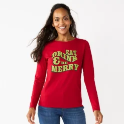 Women's Sonoma Goods For Life® Long Sleeve Christmas Graphic Tee -Outlet Clothiza Store 5676288 Red Green Merry