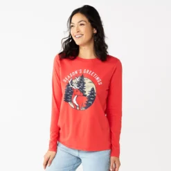 Women's Sonoma Goods For Life® Long Sleeve Christmas Graphic Tee -Outlet Clothiza Store 5676288 Seasons Greeting