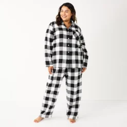 Plus Size Sonoma Goods For Life® Flannel Pajama Shirt & Pajama Pants Sleep Set -Outlet Clothiza Store 5677717 Black Buffalo