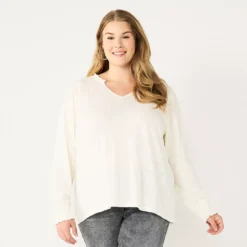 Plus Size Sonoma Goods For Life® Smocked Sleeve V-Neck Top -Outlet Clothiza Store 5689960 Cream