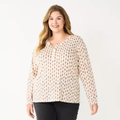 Plus Size Sonoma Goods For Life® Essential Long Sleeve Henley Top -Outlet Clothiza Store 5690602 Cream Floral