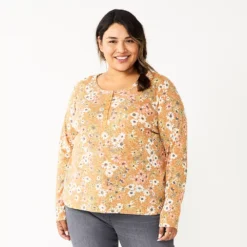 Plus Size Sonoma Goods For Life® Essential Long Sleeve Henley Top -Outlet Clothiza Store 5690602 Gold Floral