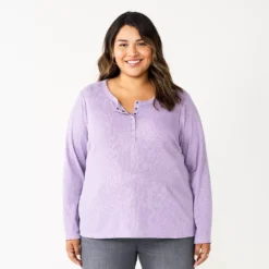Plus Size Sonoma Goods For Life® Essential Long Sleeve Henley Top -Outlet Clothiza Store 5690602 Light Purple