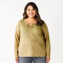 Plus Size Sonoma Goods For Life® Essential Long Sleeve Henley Top -Outlet Clothiza Store 5690602 Olive