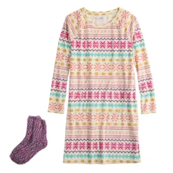 Women's Sonoma Goods For Life® 2-pc. Long Sleeve Crewneck Sleepshirt & Socks Set -Outlet Clothiza Store 5690614 ALT5