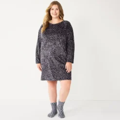 Plus Size Sonoma Goods For Life® 2-pc. Long Sleeve Crewneck Sleepshirt & Socks Set -Outlet Clothiza Store 5690616 Black Leopard
