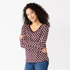 Petite Sonoma Goods For Life® Everyday Long Sleeve V-Neck Top -Outlet Clothiza Store 5705363 Berry Checkerboard
