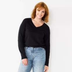 Petite Sonoma Goods For Life® Everyday Long Sleeve V-Neck Top -Outlet Clothiza Store 5705363 Black