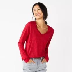 Petite Sonoma Goods For Life® Everyday Long Sleeve V-Neck Top -Outlet Clothiza Store 5705363 Shine Red