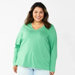 Plus Size Sonoma Goods For Life® Favorite Long Sleeve V-Neck Tee -Outlet Clothiza Store 5705505 Aloe Green