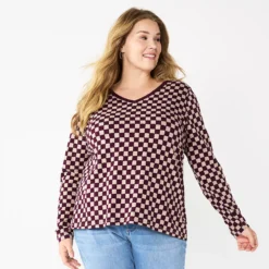Plus Size Sonoma Goods For Life® Favorite Long Sleeve V-Neck Tee -Outlet Clothiza Store 5705505 Berry Checkerboard