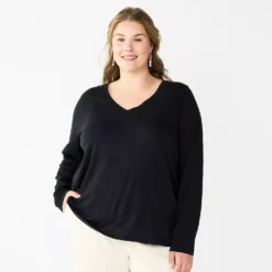 Plus Size Sonoma Goods For Life® Favorite Long Sleeve V-Neck Tee -Outlet Clothiza Store 5705505 Black