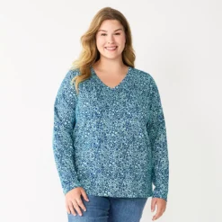 Plus Size Sonoma Goods For Life® Favorite Long Sleeve V-Neck Tee -Outlet Clothiza Store 5705505 Blue Floral