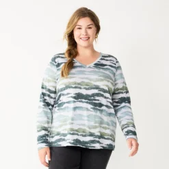 Plus Size Sonoma Goods For Life® Favorite Long Sleeve V-Neck Tee -Outlet Clothiza Store 5705505 Gray Animal Print