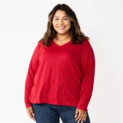 Plus Size Sonoma Goods For Life® Favorite Long Sleeve V-Neck Tee -Outlet Clothiza Store 5705505 Inviting Red