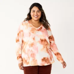 Plus Size Sonoma Goods For Life® Favorite Long Sleeve V-Neck Tee -Outlet Clothiza Store 5705505 Pink Multi Dye