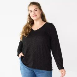 Plus Size Sonoma Goods For Life® Favorite Long Sleeve V-Neck Tee -Outlet Clothiza Store 5705505 Pitch Black