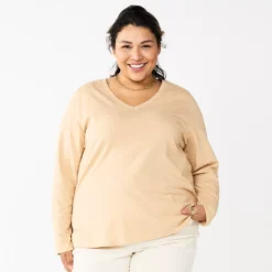 Plus Size Sonoma Goods For Life® Favorite Long Sleeve V-Neck Tee -Outlet Clothiza Store 5705505 Tan