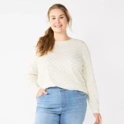 Plus Size Sonoma Goods For Life® Everyday Crewneck Long Sleeve Top -Outlet Clothiza Store 5714078 Beige Check