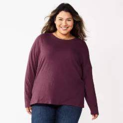 Plus Size Sonoma Goods For Life® Everyday Crewneck Long Sleeve Top -Outlet Clothiza Store 5714078 Berry