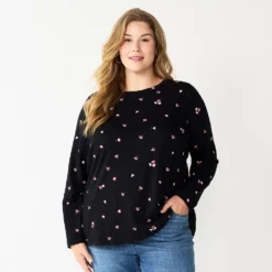 Plus Size Sonoma Goods For Life® Everyday Crewneck Long Sleeve Top -Outlet Clothiza Store 5714078 Black Floral
