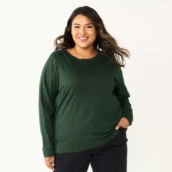 Plus Size Sonoma Goods For Life® Everyday Crewneck Long Sleeve Top -Outlet Clothiza Store 5714078 Dark Green Shine